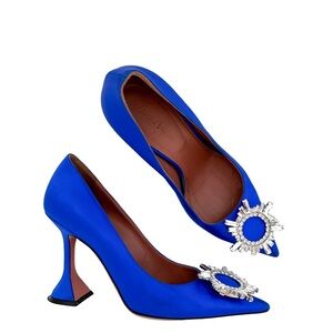 Amina Muaddi Begum Electric Blue Satin Crystal Rhinestone Pumps High Heels 37